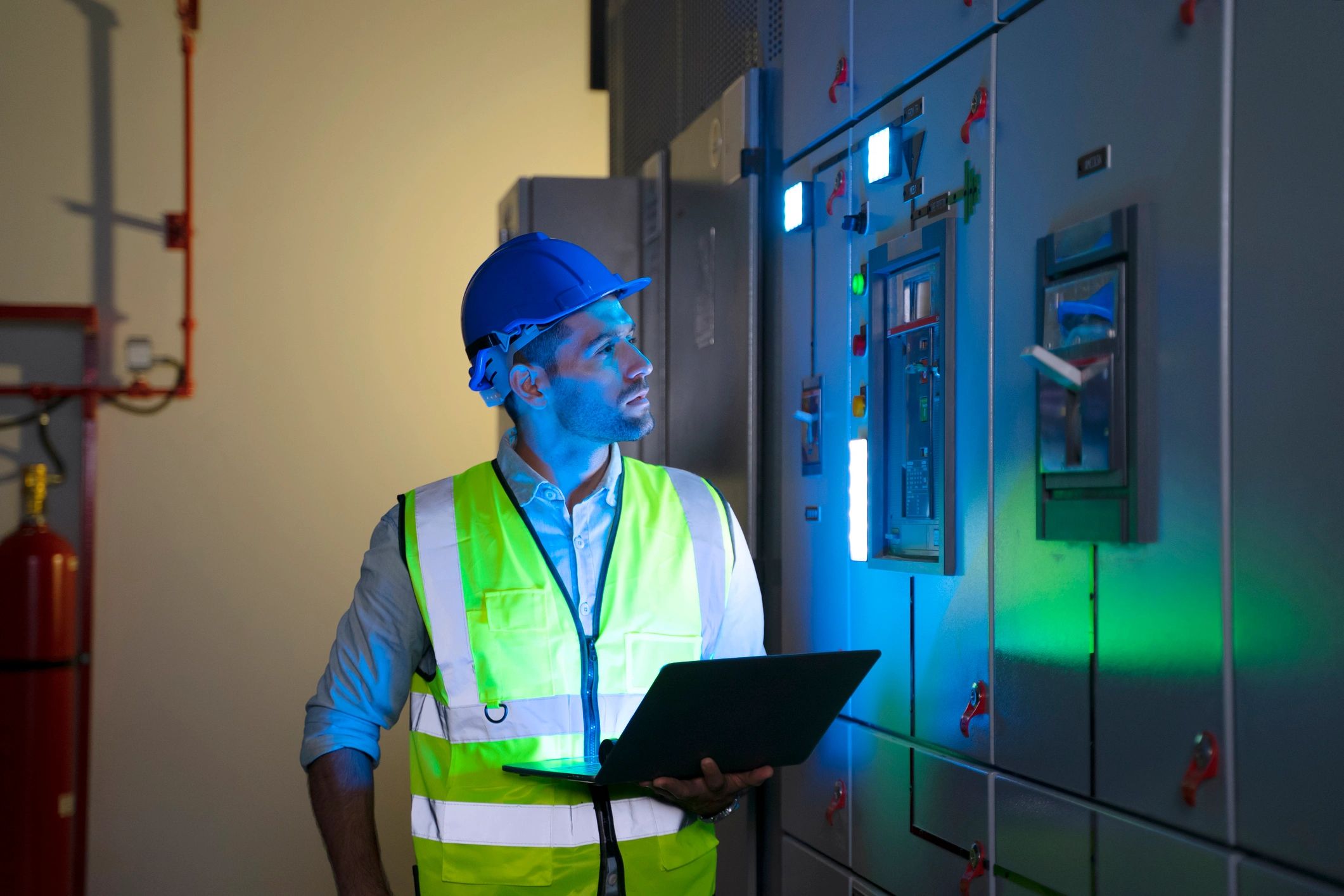 Electrical workers collaborating in a commercial utility space
